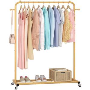 lot 49283 image: Sywhitta Clothes Rack on wheels, Clothing Rack with Bottom Mesh Storage Shelf,Sturdy Metal Frame,Rolling Garment Rack for Hanging Clothes,Coats,Skirts,39.76 L x 16 W x 64.56 H,Golden