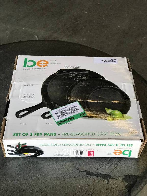 lot 2055 image: Basic Essentials set of 3 Pre-Seasoned Cast Iron Pans