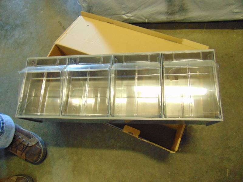 lot 7022 image: 4- bin tip out bins storage bin, gray with clear front, 8-18 x 23-58 x 6-58