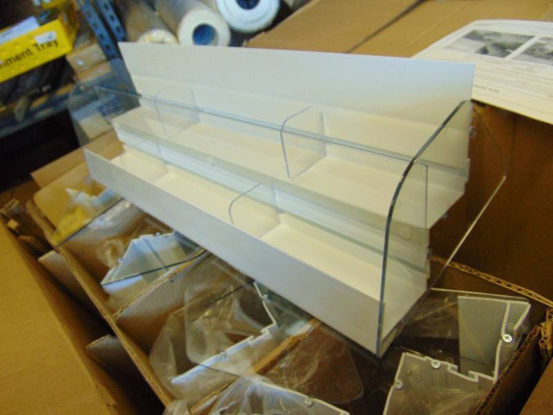 lot 7029 image: (8) ct lot plastic counter top display shelf, used to hold small products, adjustable dividers, 23-12 x 10