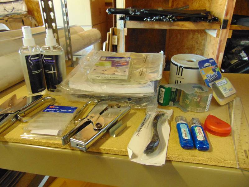 lot 7054 image: Lot of office supplies labels, stables, tabs, tape, ruler and more, over 20 pieces