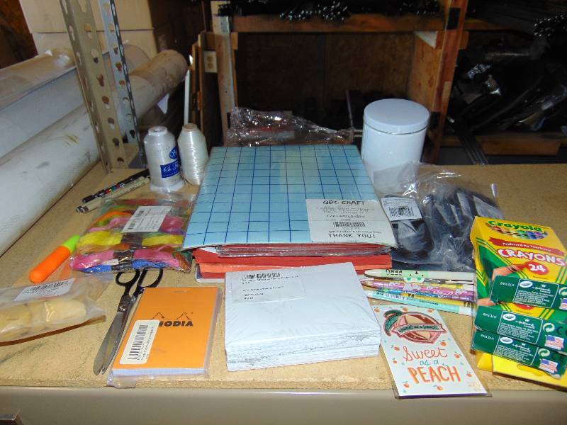 lot 7055 image: Mixed lot of craft supplies construction paper, string, embroidery floss, crayons, and more, over 40 pieces