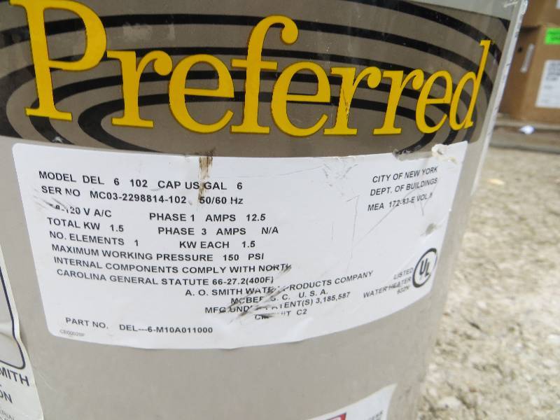 A.O. Smith water heater 6 gallon | Huge auction with a variety of items  such as chemicals, chips, tools, paint, hardware and other misc items. |  Equip-Bid