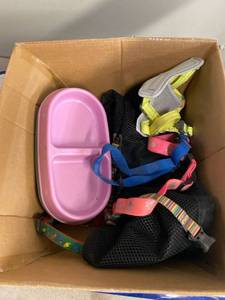 lot 1882 image: Pet lot- 2 small dishes, 1 small harness, 4- smallmedium collars, mesh storage pack