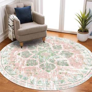 lot 1016 image: Vhong Boho Area Rugs Vintage Washable Round Dusty Pink and Green 5x5 Non Slip Small Circle Carpet for Nursery Living Room Dining Room Bedroom Girls Room