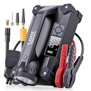 lot 1028 image: LATIT Car Jump Starter with Air Compressor, 6000A Peak Portable Car Battery Charger Jump Starter Power Pack (All Gas10L Diesel) 12V Jump Box with Smart Jumper Cables, 150 PSI Tire Inflator and Lights - Retail $94.51