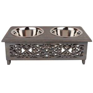 lot 1029 image: GoCraft Raised Dog Bowls for Small Dogs  Elegant Farmhouse Grey Washed Elevated Wooden Stand Feeder with 2 Stainless Steel Bowls for Your Pet Food & Water