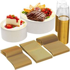 lot 1042 image: GreenElevate Plastic Plates, 150 Pieces Disposable Plates Plastic Dinnerware Set for 25 Guests 25 Dinner Plates, 25 Dessert Plates, 25 Forks, 25 Spoons, 25 Knives, 25 Cups, Gold Party Plates