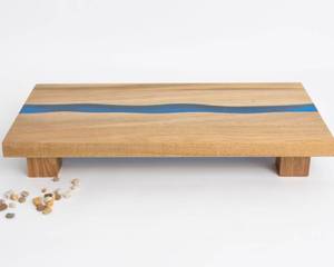 lot 1927 image: Wood pedestal stand  Large rectangle riser pedestal board 19.5 long x 9.8 wide  Footed raised acacia wood riser board for displaying home decor items  faux plant display stand