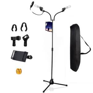 lot 1951 image: UPDATED Double Gooseneck Microphone Stand for Singing,Height up to 6 Feet Heavy Duty Tripod Mic Stands with Mic Clip Holders,Mic Stand with Two Bendable Arms and Phone Holder for Karaoke Singing - Retail $478.33