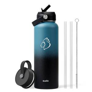 lot 1961 image: BUZIO Water Bottle with Straw Lid and Flex Cap, 40oz Double Vacuum Stainless Steel Water Flask, Cold for 48 Hrs Hot for 24 Hrs Simple Thermo Canteen Mug, Indigo Black