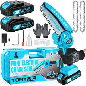 lot 1972 image: Mini Chainsaw 6-Inch Battery Powered - Best Cordless Small Handheld Chain Saw with 2 Rechargeable Batteries - 21V Power Chain Saws Battery Operated for Tree Trimming Wood Cutting