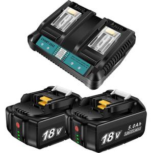 lot 1989 image: A 18V Battery and Charger Replacement for Makita 18v Battery BL1850B and Rapid Optimum Charger Starter, VOLT1799 18V Battery Capacity Output 5.0Ah - Retail $89.99