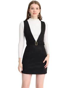 lot 2120 image: Allegra K Womens Retro Overalls Suspenders Belted V Neck Faux Suede Pinafore Dress Small Black