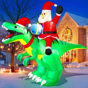 lot 2122 image: zukakii 9x7FT Christmas Inflatables Decorations with LED Santa Ride on Dinosaur Outdoor Christmas Dinosaur Inflatable Christmas Blow Up Yard Decorations with Sandbags Stakes Strings for Garden Decor
