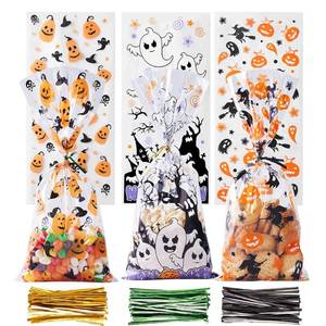 lot 2152 image: CCINEE Halloween Cellophane Treat Bags, 150pcs Halloween Plastic Clear Candy Bags with 300pcs Twists for Snacks Cookies Packing