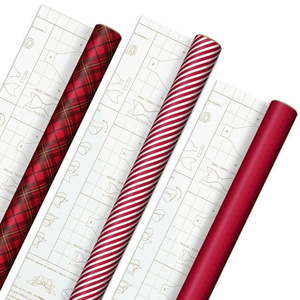 lot 5932 image: Hallmark Holiday Wrapping Paper with DIY Bow Templates on Reverse (3 Rolls 120 sq. ft. ttl) Red Plaid Stripes Polka Dots for Christmas Valentines Day Birthdays Graduations