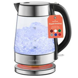 lot 6005 image: Speed-Boil Water Electric Kettle 1.7L 1500W Coffee & Tea Kettle Borosilicate Glass Wide Opening Auto Shut-Off Cool Touch Handle LED Light. 360° Rotation Boil Dry Protection