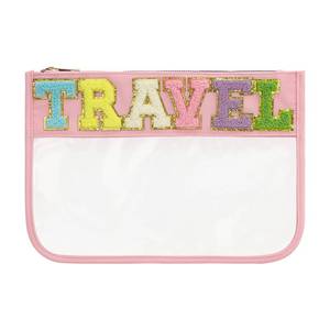 lot 6043 image: DYSHAYEN Chenille Letter Clear Zipper Pouch for Travel,Nylon Clear Cosmetic Bag,Makeup Travel Bag for Women (Pink-Travel)