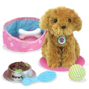 lot 6450 image: Sophias 9 Piece Golden Plush Puppy Dog and Accessories Set with Leash, Food Bowl, Brush, Toy Ball, Toy Bone, Bed, and Blanket for 18 Dolls, Multicolor