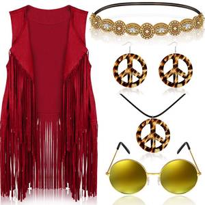 lot 6465 image: 6 Pcs 60s 70s Outfits for Women Hippie Costume Set Peace Sign Earring Headband Fringe Vest Tassel Cardigan (Red,XX-Large)