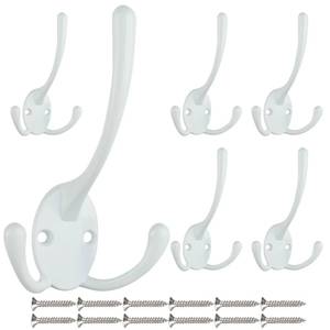 lot 6482 image: IBosins 6 Pack Big Heavy Duty Three Prongs Coat Hooks Wall Mounted with 12 Screws Retro Double Utility Rustic Hooks for Thick Coat, Big Heavy Bags (White)