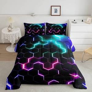lot 7641 image: Castle Fairy 3D Honeycomb Comforter Set Full Size,Geometry Hexagon Theme Quilt Pink Blue Neon Lights Bedding 3pcs,Kids Boys Teen Man Chic Creative Home Duvet Insert, 2 Pillowcases,Black