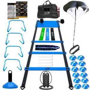 lot 7642 image: MLCINI Agility Ladder 1 Agility Training Equipment 1 Resistance Parachute 4 Adjustable Hurdles 12 Disc Cones 1 Jump Rope 3 Resistance Band 1 Yoga Band Agility Speed Training Equipment for Youth&Adults