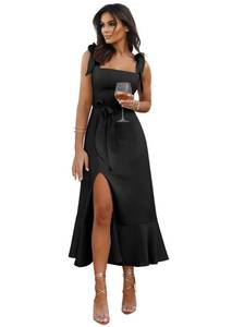lot 7644 image: MIRGLER Womens Black Square Neck Strap Satin Dress for Women Smocked Back Ruffle A Line Side Slit Beach Cocktail Evening Party Elegant Bridesmaid Midi Dresses L