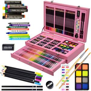 lot 7651 image: Sunnyglade 145 Piece Deluxe Art Set, Wooden Art Box & Drawing Kit with Crayons, Oil Pastels, Colored Pencils, Watercolor Cakes, Sketch Pencils, Paint Brush, Sharpener, Eraser, Color Chart (Pink)