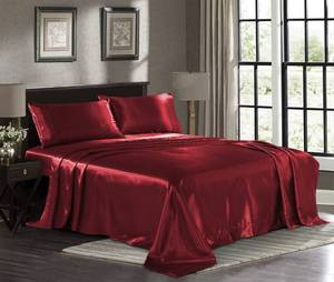 lot 7656 image: Satin Sheets Queen 4-Piece, Burgundy Hotel Luxury Silky Bed Sheets - Extra Soft 1800 Microfiber Sheet Set, Wrinkle, Fade, Stain Resistant - Deep Pocket Fitted Sheet, Flat Sheet, Pillow Cases