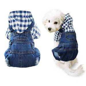lot 7657 image: Pet Clothes Denim Dog Jeans Striped or Grid Jumpsuit Overall Hoodie Coat for Small Medium Puppy Cat Blue Plaid