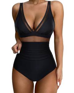 lot 7659 image: SUUKSESS Women Slimming Tummy Control One Piece Swimsuits Sexy Mesh High Waisted Monokini Bathing Suits (Black, L)