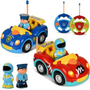 lot 7663 image: Remote Control Cartoon Police and Racing Cars RC Toys for Toddlers Kids Boys and Girls - Set of 2 Vehicles for Simultaneous Play