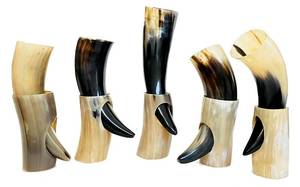 lot 7668 image: A 5x Viking Drinking Horn Cups 9 -15  Viking gift for men 100% Natural Norse 10-14 oz Goblet Ale Mead Beer mug Wine with Stand (Large (9-11))