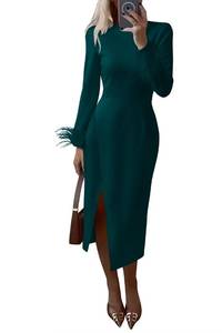 lot 8387 image: PRETTYGARDEN Womens 2024 Fall Long Sleeve Dress Formal Midi Bodycon Wrap Slit Feather Elegant Wedding Guest Cocktail Dresses (Dark Green,Small)