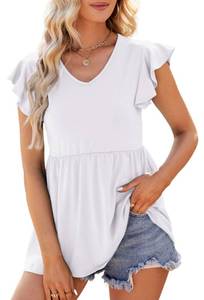 lot 8422 image: AGSEEM Womens T Shirts Loose Fit V Neck Blouse Babydoll Peplum Tops White S