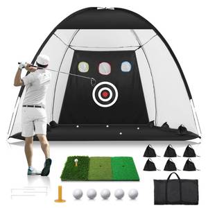 lot 9444 image: Golf Net 10x7FT Golf Practice Net for Backyard Driving, Golf Hitting Net with Tri-Turf Golf Mat, Indoor Golf Training Chipping Aid Nets with Reduce Noise Nylon Target, Present for Him - Retail $76.79