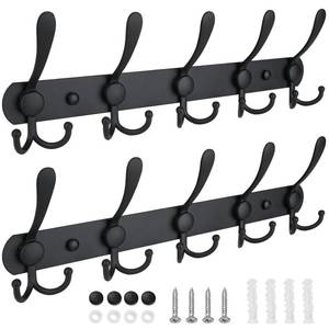 lot 10131 image: TICONN Wall Mounted Coat Rack, Five Heavy Duty Tri Hooks All Metal Construction for Jacket Coat Hat in Mudroom Entryway (Matte Black, 2-Pack)