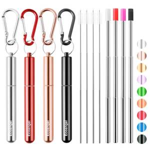 lot 4106 image: 4 Pack Portable Reusable Metal Straw Collapsible Stainless Steel Drinking Straw Telescopic Straw to Drink Water Smoothie with Aluminum Key-chain Case & Cleaning Brush (Black&rose gold&silver&red)
