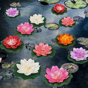 lot 8120 image: Happy Trees 12 Pcs Indian Return Gifts Artificial Floating Foam Lotus Flower Decor with Water Lily Pad, Diwali Decorations Lifelike Ornaments Decor for Home Garden Pond