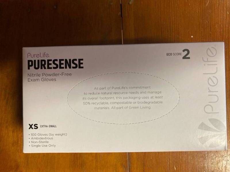 lot 1740 image: Purelife Puresense Nitrile Powder-Free Exam Gloves Size X-small Box of 100
