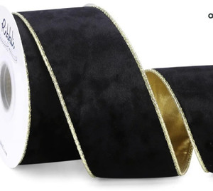 lot 44192 image: Ribbli Black Velvet Wired Ribbon 2.5 Inch Metallic Black Gold Crushed Velvet Christmas Ribbon for Gift Wrapping Christmas Tree Decoration Crafts Wreaths Supplies-Continuous 10 Yards
