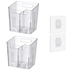 lot 44214 image: Set Of 2 Storage Organizer Bins Wall Mounted Shower Caddy, Bathroom shelves Stackable Clear Plastic Toothbrush Holder Adhesive Hanging Bin for Bathroom, Kitchen, Cabinet, Shower BPA Free Small (Clear)