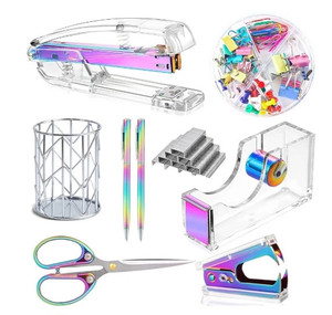 lot 44414 image: Famassi Dream Color Acrylic Stapler and Tape Dispenser Set, Office Supplies Stapler, Tape Dispenser, Stapler Remover, 2 Ballpoint Pen, Scissor, Binder Clips, Paper Clips