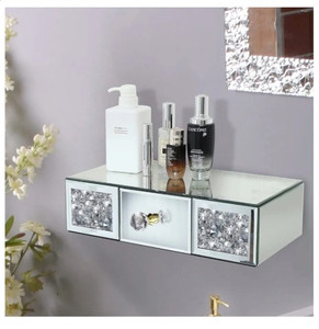 lot 44415 image: TACIDON Mirrored Floating Shelf with Drawer.Crystal Diamond Mirrored Wall Shelf.Gorgeous Wall- Mounted Mirror Shelf for Hallway,Bathroom,Bedroom.(15�x8�x4�