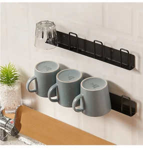 lot 44492 image: 2pcs Mug Hooks Wall-mounted Mug Holder, Coffee Cups Holder Hanger no Drilling,mug rack Hooks with 4 cup holders,Cups Storage Hooks for kitchen, living room, office (Black)