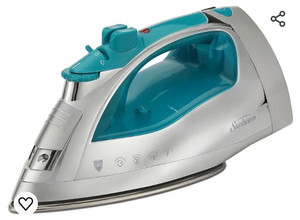 lot 44552 image: Sunbeam Steammaster 1400 Watt Iron with 8 Retractable Cord, Large Anti-Drip Nonstick Stainless Steel Soleplate, Horizontal or Vertical Shot of Steam and 3-Way Auto Shut-Off, ChromeTeal