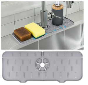 lot 44624 image: Kitchen Sink Splash Guard - Silicone Faucet Handle Drip Catcher Tray, Dish Soap Dispenser and Sponge Holder Mat Behind Faucet, Kitchen Gadgets Sink Accessories for Kitchen Counter and Bathroom