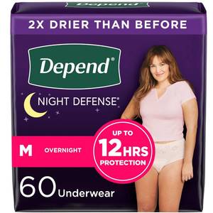 lot 46006 image: Depend Night Defense Adult Incontinence & Postpartum Bladder Leak Underwear for Women, Disposable, Overnight, Medium, Blush, 60 Count (4 Packs of 15), Packaging May Vary